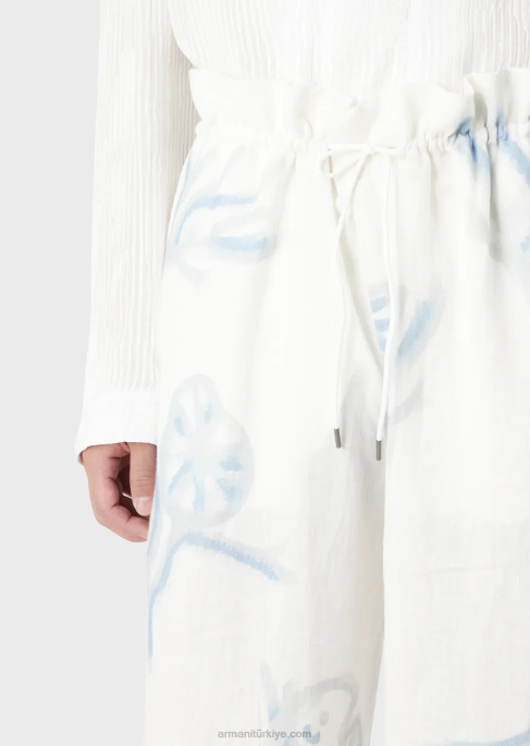 erkekler Armani boydan boya mercan desenli keten büzgü ipli pantolon beyaz T8HD1459