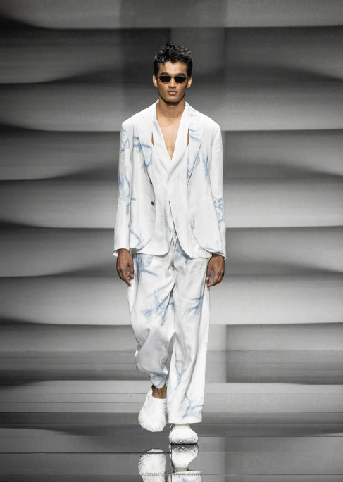 erkekler Armani boydan boya mercan desenli keten büzgü ipli pantolon beyaz T8HD1459