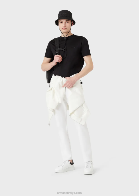 erkekler Armani şerit cepli çift jarse jogger pantolon beyaz T8HD1394