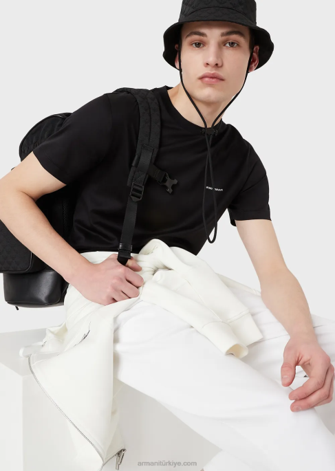 erkekler Armani şerit cepli çift jarse jogger pantolon beyaz T8HD1394