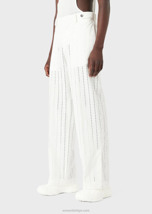 erkekler Armani çizgili delikli keten chinos beyaz T8HD1457