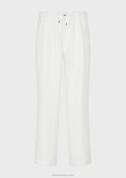 erkekler Armani keten karışımlı grogren büzgü ipli pantolon beyaz T8HD1492