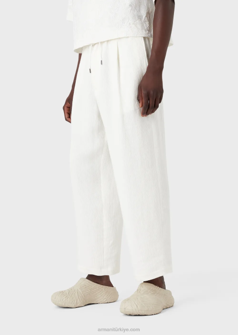 erkekler Armani keten karışımlı grogren büzgü ipli pantolon beyaz T8HD1492