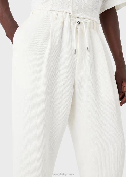 erkekler Armani keten karışımlı grogren büzgü ipli pantolon beyaz T8HD1492