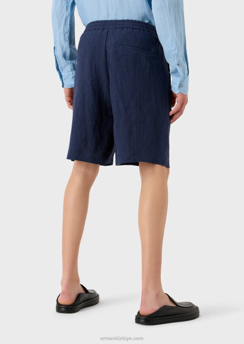 erkekler Armani krep dokulu soluk keten büzgü ipli tahta şort mavi T8HD1511