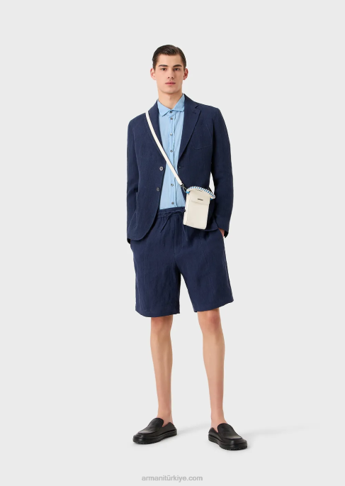 erkekler Armani krep dokulu soluk keten büzgü ipli tahta şort mavi T8HD1511