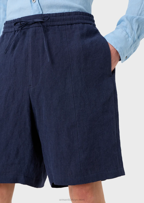 erkekler Armani krep dokulu soluk keten büzgü ipli tahta şort mavi T8HD1511