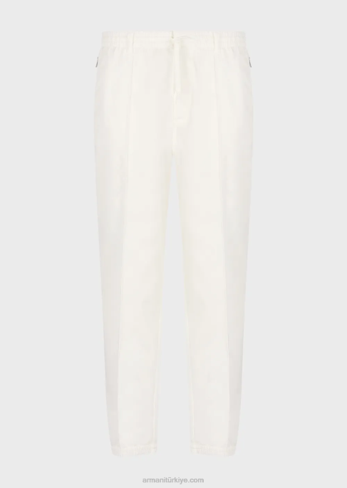 erkekler Armani liyosel karışımlı hafif satenden büzgü ipli pantolon beyaz T8HD1475