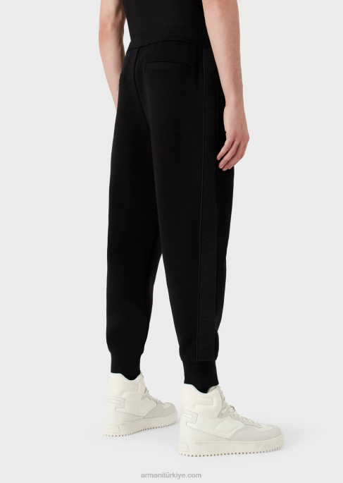 erkekler Armani logo şeritli çift jarse pantolon siyah T8HD1438