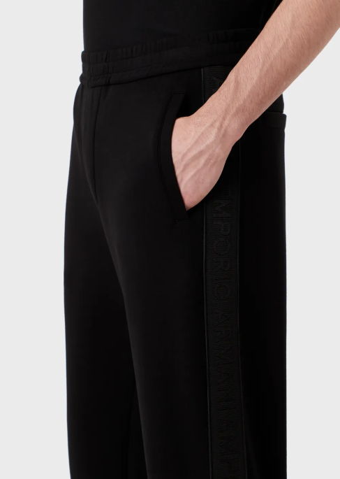 erkekler Armani logo şeritli çift jarse pantolon siyah T8HD1438