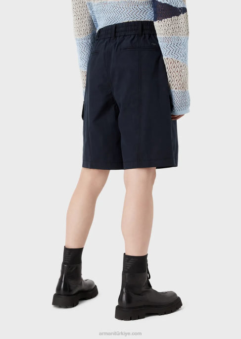 erkekler Armani pima poplin büzgülü kargo şortu lacivert T8HD1479