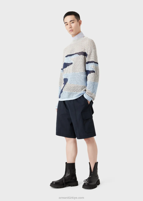 erkekler Armani pima poplin büzgülü kargo şortu lacivert T8HD1479