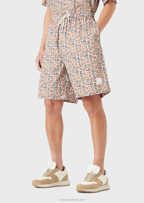 erkekler Armani sürdürülebilir koleksiyon organik gabardinden büyük beden, boydan boya baskılı büzme ipli pano şortları model T8HD1518