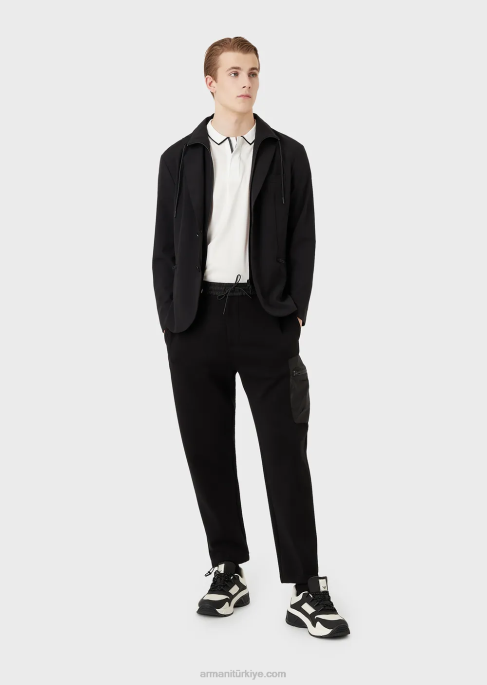 erkekler Armani seyahatin olmazsa olmazları çift jarse jogger pantolon siyah T8HD1384