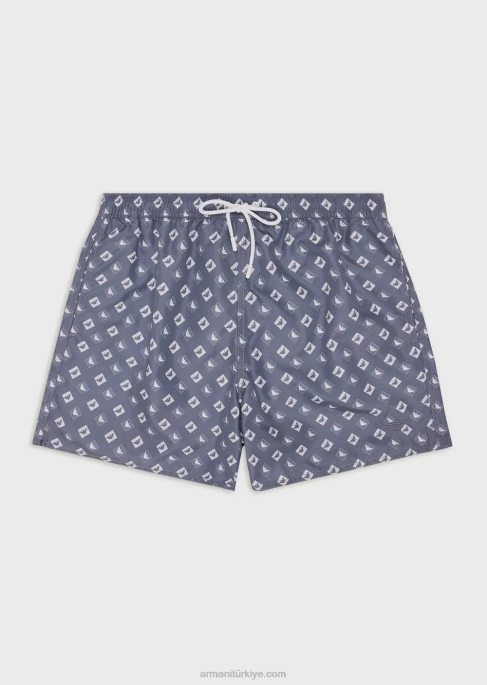 erkekler Armani büzgü ipli ve kartallı mikro kare desenli mayo masmavi T8HD985