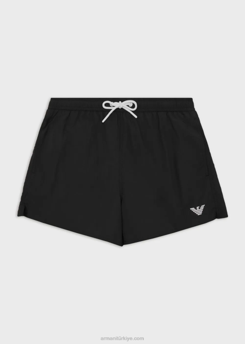 erkekler Armani büzgü ipli ve logo işlemeli deniz şortu siyah T8HD988