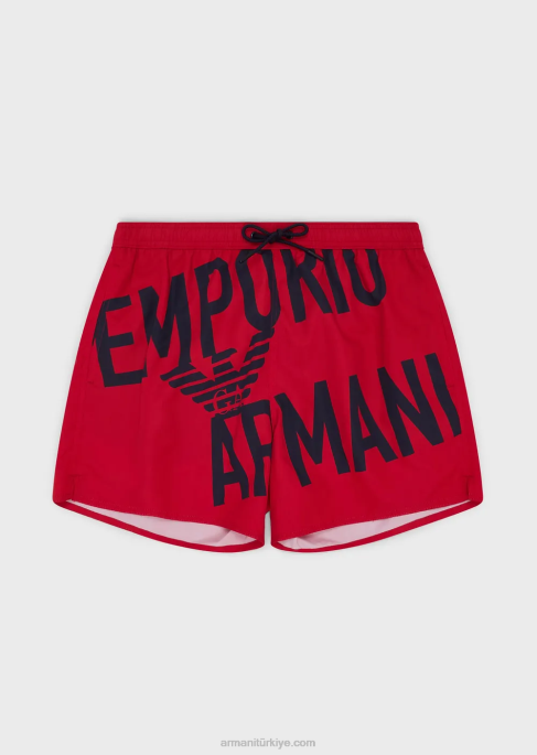 erkekler Armani büzme ipli ve kalın logolu geri dönüştürülmüş kumaş mayo kırmızı T8HD1000