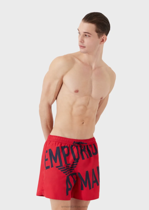 erkekler Armani büzme ipli ve kalın logolu geri dönüştürülmüş kumaş mayo kırmızı T8HD1000