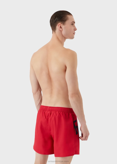 erkekler Armani büzme ipli ve kalın logolu geri dönüştürülmüş kumaş mayo kırmızı T8HD1000