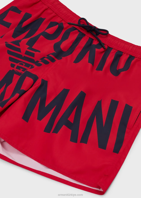 erkekler Armani büzme ipli ve kalın logolu geri dönüştürülmüş kumaş mayo kırmızı T8HD1000