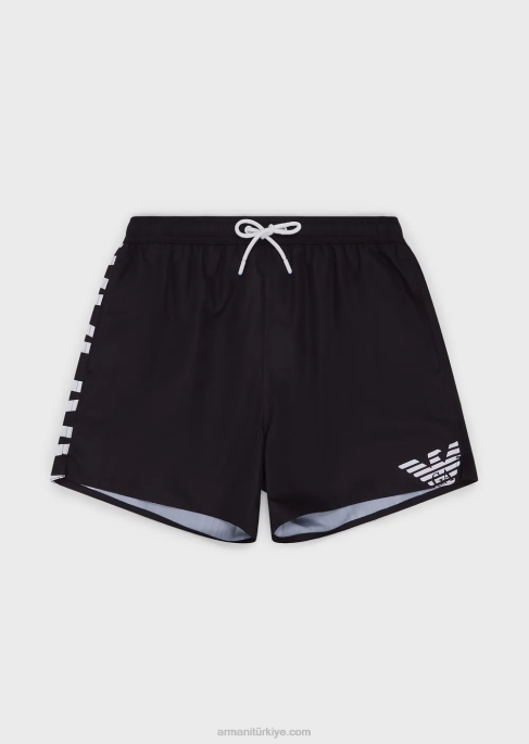 erkekler Armani büzme ipli ve kalın logolu geri dönüştürülmüş kumaş mayo siyah T8HD999