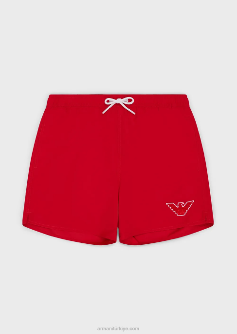 erkekler Armani büzme ipli ve kartal yamalı havlu kumaştan erkek mayosu kırmızı T8HD993