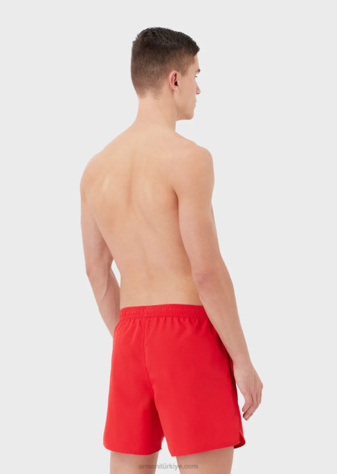 erkekler Armani büzme ipli ve kartal yamalı havlu kumaştan erkek mayosu kırmızı T8HD993