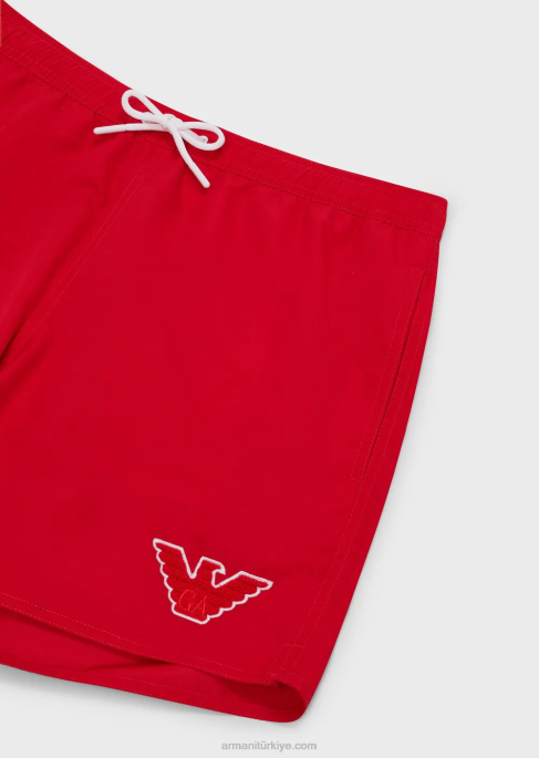 erkekler Armani büzme ipli ve kartal yamalı havlu kumaştan erkek mayosu kırmızı T8HD993