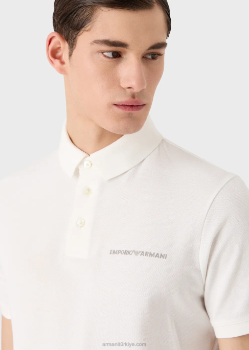 erkekler Armani Büyük boy grafik baskılı ve logolu jarse polo tişört beyaz T8HD1529