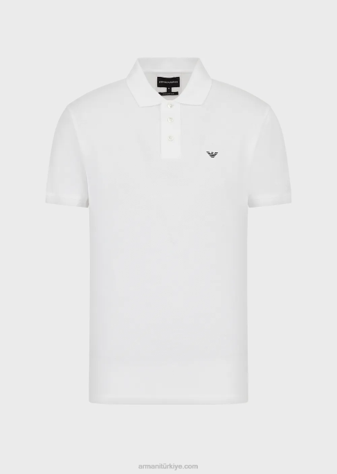 erkekler Armani mikro kartal işlemeli merserize pike polo tişört beyaz T8HD1560