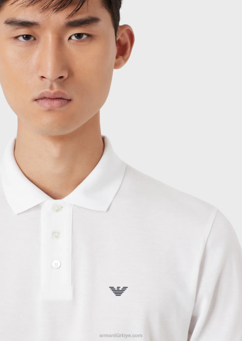 erkekler Armani mikro kartal işlemeli merserize pike polo tişört beyaz T8HD1560