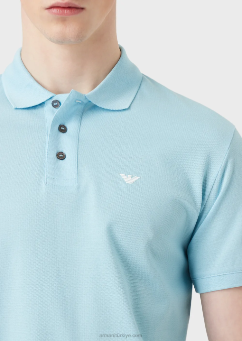 erkekler Armani mikro kartal işlemeli merserize pike polo tişört masmavi T8HD1561