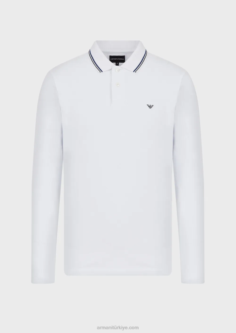 erkekler Armani mikro kartal işlemeli uzun kollu streç pike polo gömlek beyaz T8HD1559