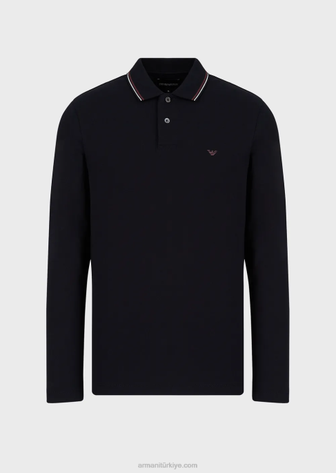 erkekler Armani mikro kartal işlemeli uzun kollu streç pike polo gömlek lacivert T8HD1558