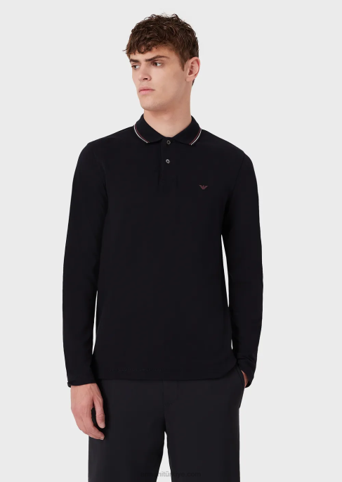 erkekler Armani mikro kartal işlemeli uzun kollu streç pike polo gömlek lacivert T8HD1558