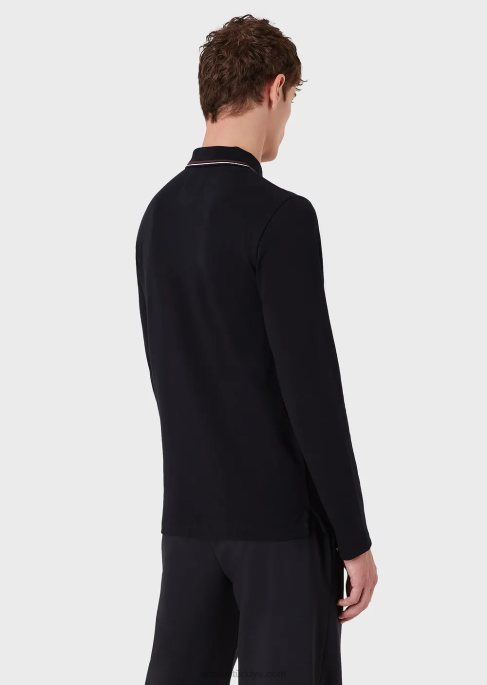 erkekler Armani mikro kartal işlemeli uzun kollu streç pike polo gömlek lacivert T8HD1558