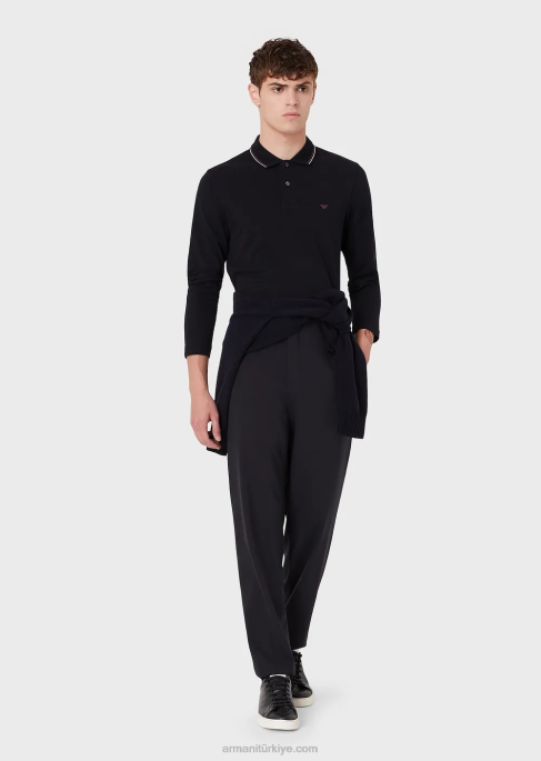 erkekler Armani mikro kartal işlemeli uzun kollu streç pike polo gömlek lacivert T8HD1558