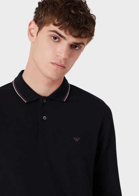 erkekler Armani mikro kartal işlemeli uzun kollu streç pike polo gömlek lacivert T8HD1558