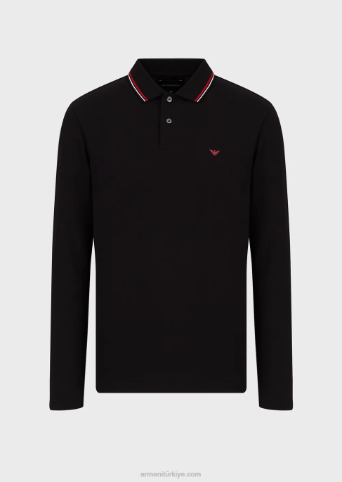 erkekler Armani mikro kartal işlemeli uzun kollu streç pike polo gömlek siyah T8HD1557