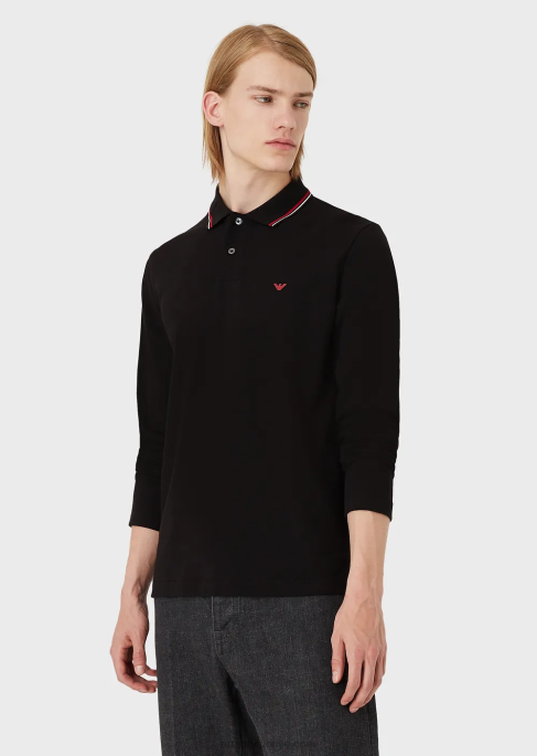 erkekler Armani mikro kartal işlemeli uzun kollu streç pike polo gömlek siyah T8HD1557