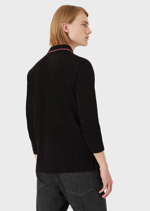 erkekler Armani mikro kartal işlemeli uzun kollu streç pike polo gömlek siyah T8HD1557