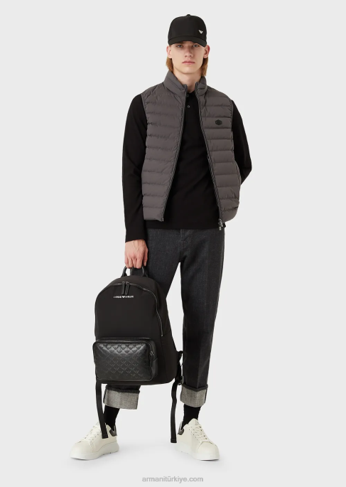 erkekler Armani mikro kartal işlemeli uzun kollu streç pike polo gömlek siyah T8HD1557