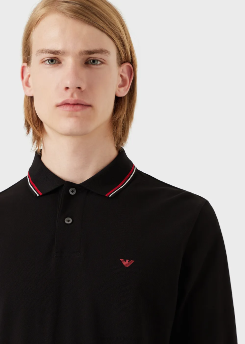 erkekler Armani mikro kartal işlemeli uzun kollu streç pike polo gömlek siyah T8HD1557