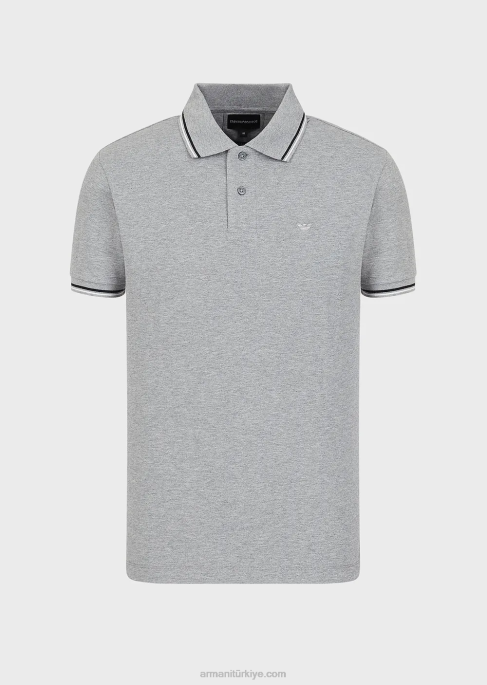 erkekler Armani mikro kartallı streç pike polo tişört açık gri T8HD1553
