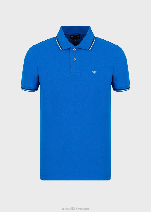 erkekler Armani mikro kartallı streç pike polo tişört çin mavisi T8HD1552