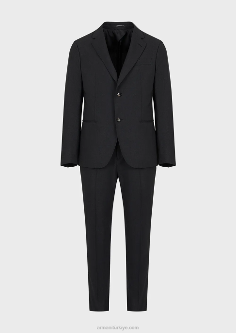 erkekler Armani Kompakt, iki yönlü streç kanvastan modern kesim, tek göğüslü takım elbise koyu gri T8HD1469