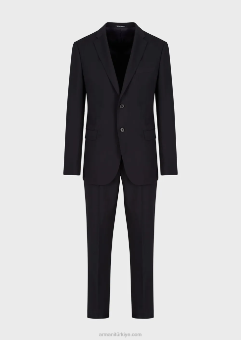 erkekler Armani doğal streç hafif yünden tek sıra düğmeli, dar kesim takım elbise lacivert T8HD1467