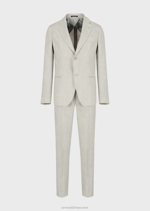 erkekler Armani kırışmaz soluk ketenden modern kesim tek sıra düğmeli takım elbise açık gri T8HD1460