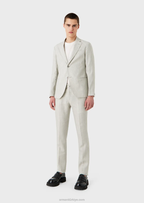 erkekler Armani kırışmaz soluk ketenden modern kesim tek sıra düğmeli takım elbise açık gri T8HD1460