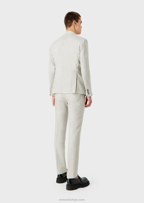 erkekler Armani kırışmaz soluk ketenden modern kesim tek sıra düğmeli takım elbise açık gri T8HD1460